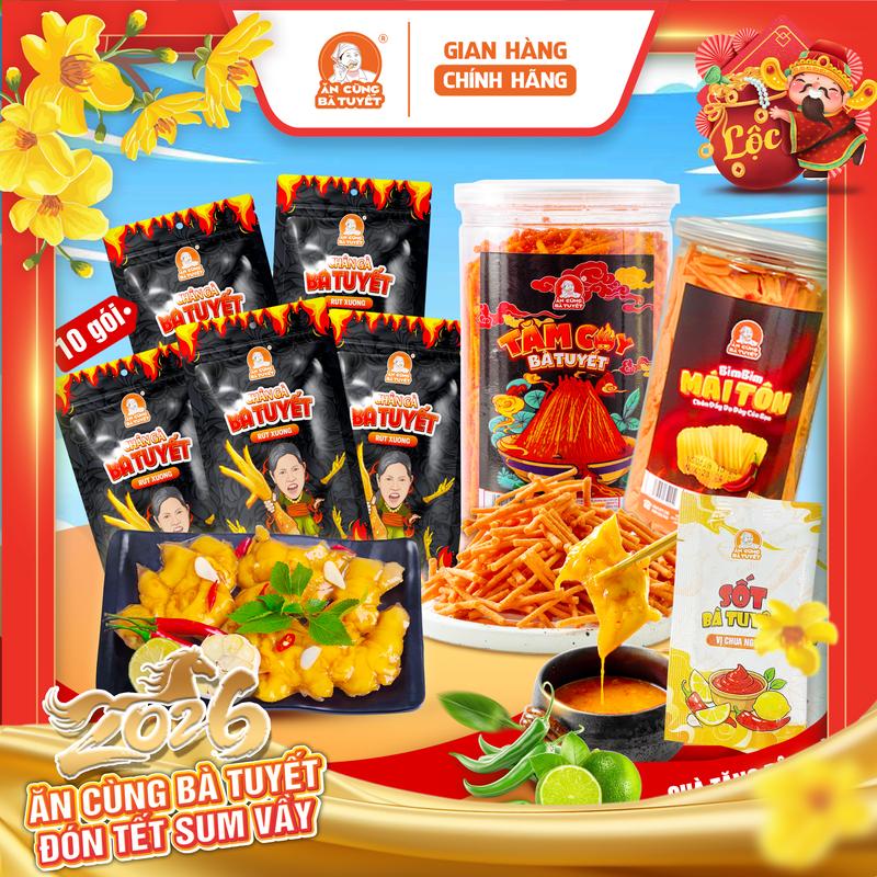  Combo Quỷ Kiếm: 1 hũ bim bim mái tôn + 1 hũ bim bim tăm cay + 10 chân gà rút xương tặng 1 sốt nhỏ M19 