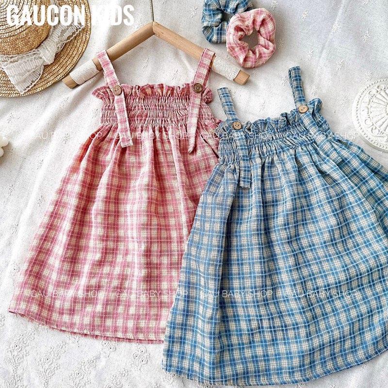 Váy 2 dây kẻ CARO chất liệu đũi mềm cho bé gái tặng kèm chun tóc cho bé 8-30kg - V168