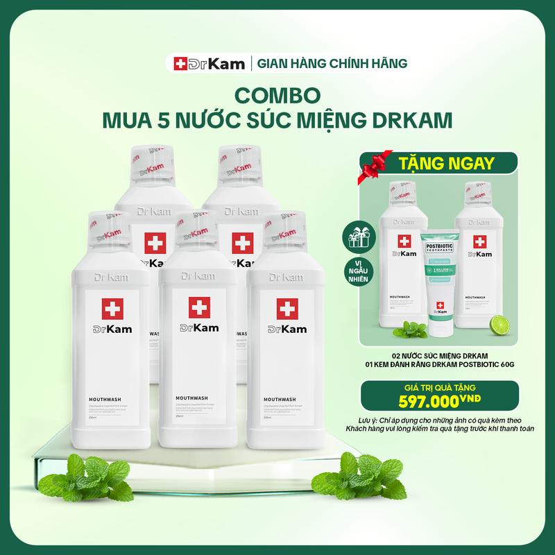 [MUA 5 TẶNG 3] Combo 5 nước súc miệng DrKam Chuẩn y khoa, khử hôi miệng, giảm viêm nướu. Tặng 2 súc miệng & 1 KĐR 60g
