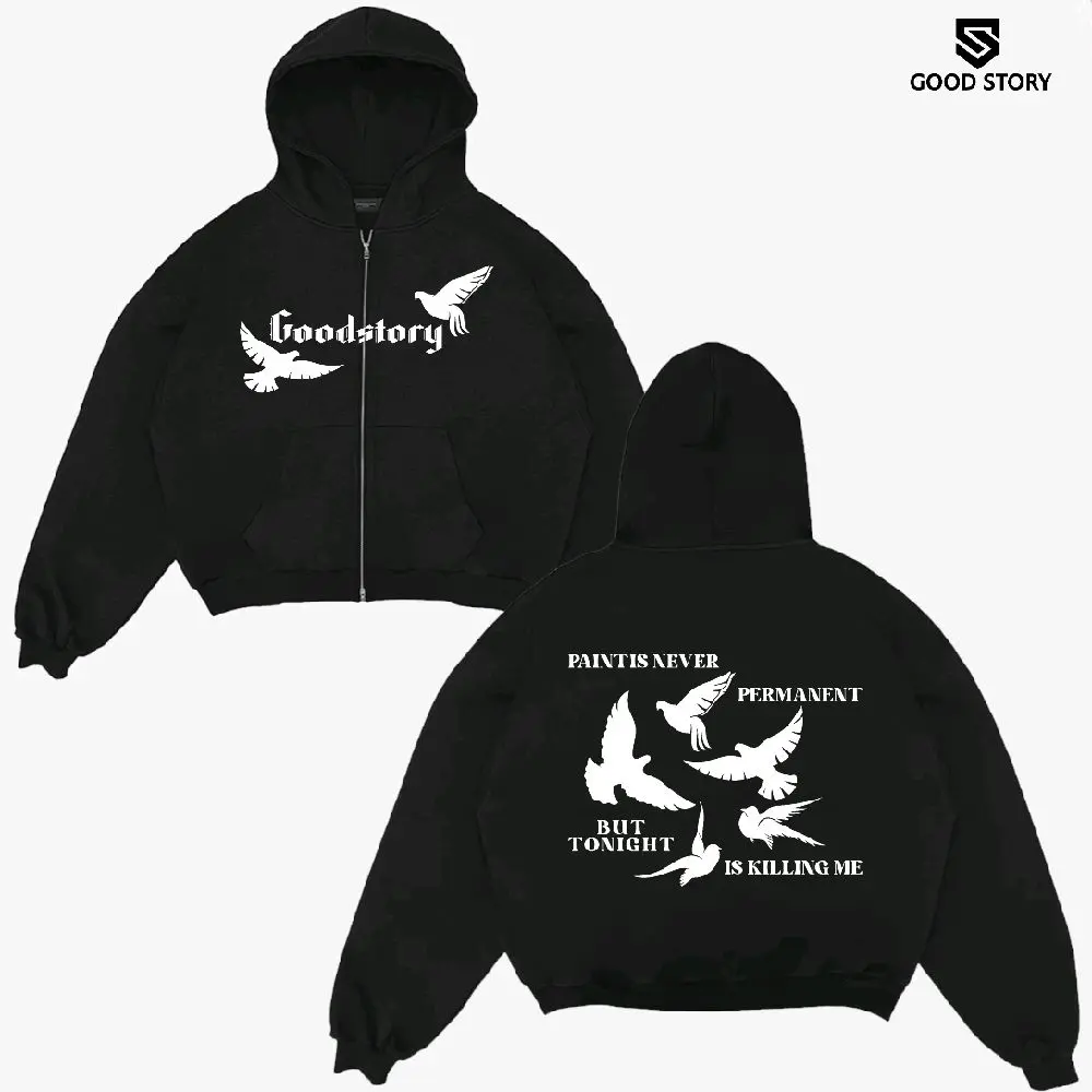Double zipper Hoodie Boxy White Dove Bahan Hitam Fleece Tebal Size M - XXL Pria & Wanita Oversize