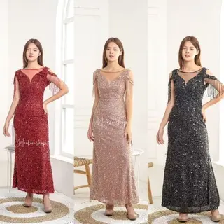 Caroline Sequins Party Dress Maroon/Bronze/Dusty Pink Elegant Party Feminim Luxury Korean Style