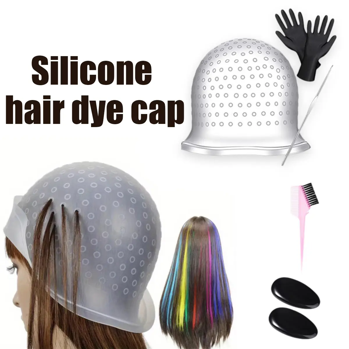 Magicap Topi Highlight Rambut Profesional Set Alat Cat Rambut Silikon Topi Semir Rambut Coloring Bleaching Hair Cap