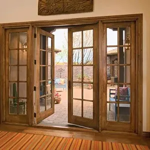 Pintu French Door Kayu jati dengan Desain Kaca Transparan untuk Ruang Tamu dan Taman