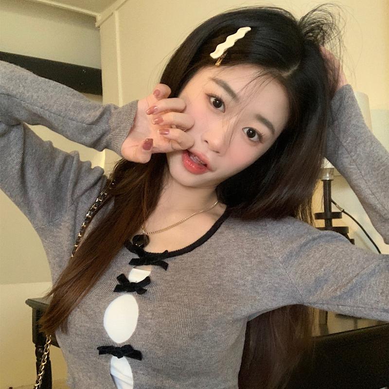 Product Introduction of Chanel Style Socialite Bow Long-Sleeved Knitted Women's Autumn New Design Hollow out Outer Wear Solid Color Long-Sleeved Top 4