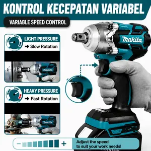 Makita Kunci Impact Nirkabel 92V Biru Full Set 2 Baterai Torsi Kuat Profesional Alat Bengkel & Rumah Tangga dengan Lampu LED & 2 Tingkat Kecepatan Pegangan Anti Slip Poros 1/2 Inci
