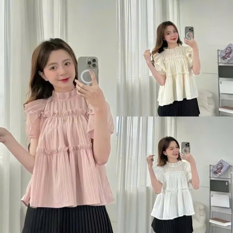  Áo babydoll cánh tiên tay bèo màu pastel - Áo babydoll kiểu nữ tay cánh tiên nhún bèo đũi gân 