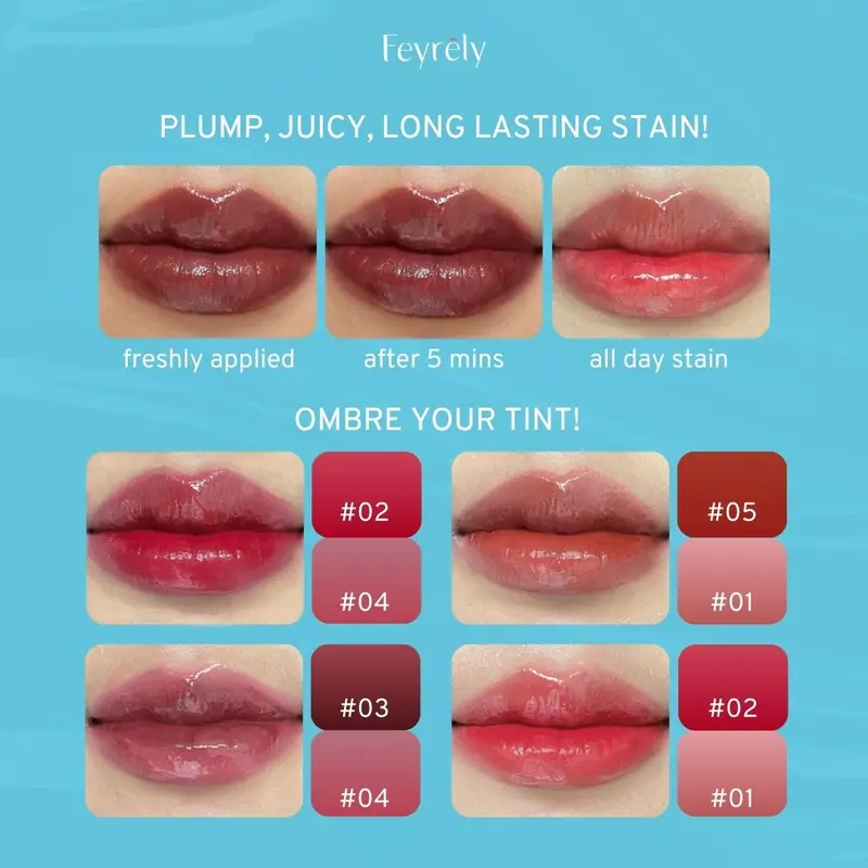 FEYRELY Fresh Dew Tint 4,5ml - 01 Cookie Dough Lip Tint Glossy Plumpy Moist Tahan Lama dan Cocok untuk Bibir Gelap Liptint 8