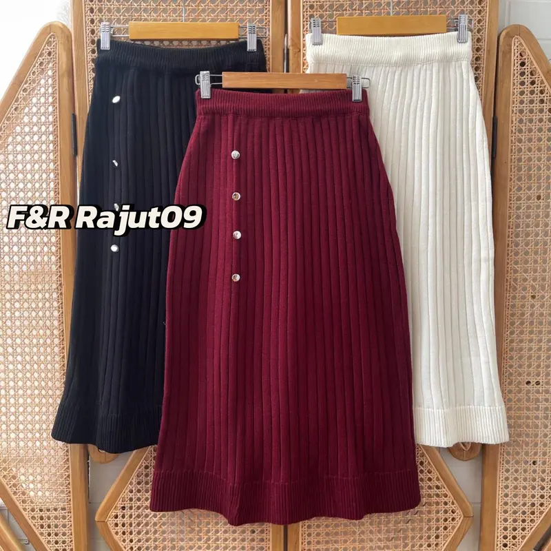 Alexa Rok Span Knit Rajut Pendek Premium Wanita Motif Kancing Jalur Kekinian 0