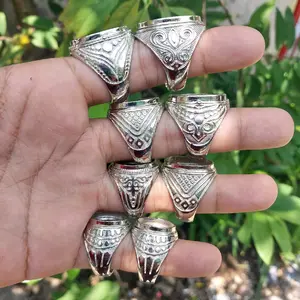 (Beli 3 Gratis 1) 1Pcs Ring Cincin Emban Akik Alpaka Super Putih Silver Full Ukir Dan Polos