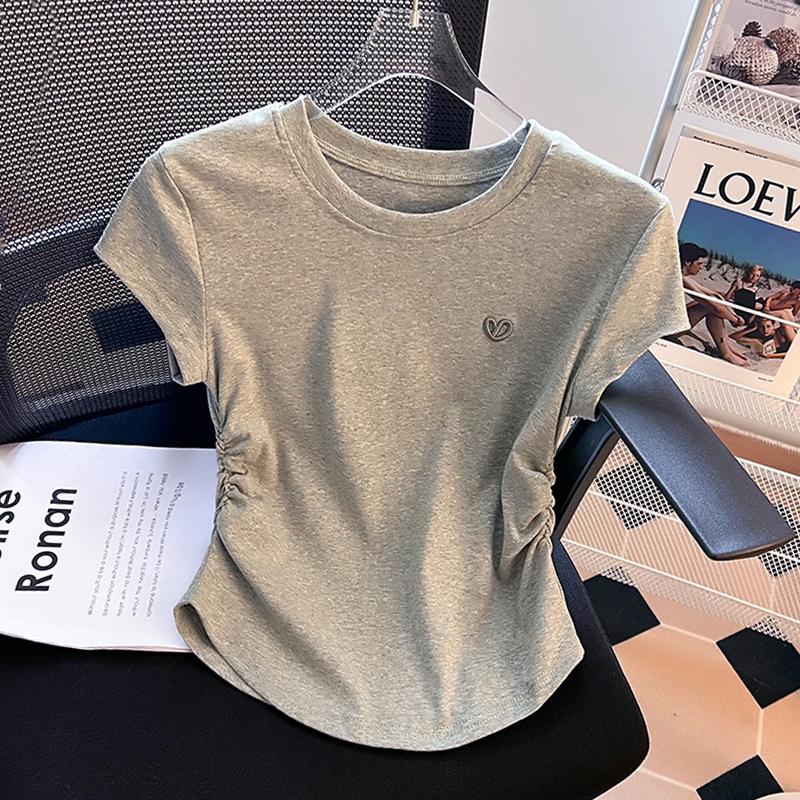 Kaus pendek leher bulat bordir cinta putih atasan seksi fashion wanita gaya Korea Baju Jersey 2