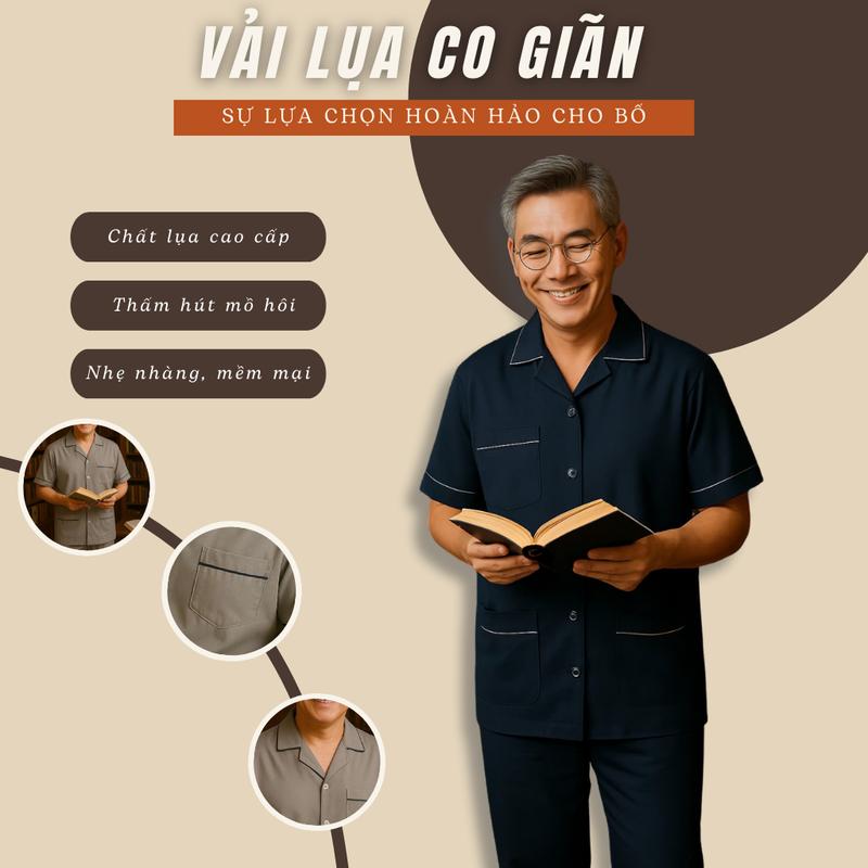 Bộ pijama nam trung niên Thái Khang bộ đồ cho bố mặc nhà vải lụa mềm co giãn BO39