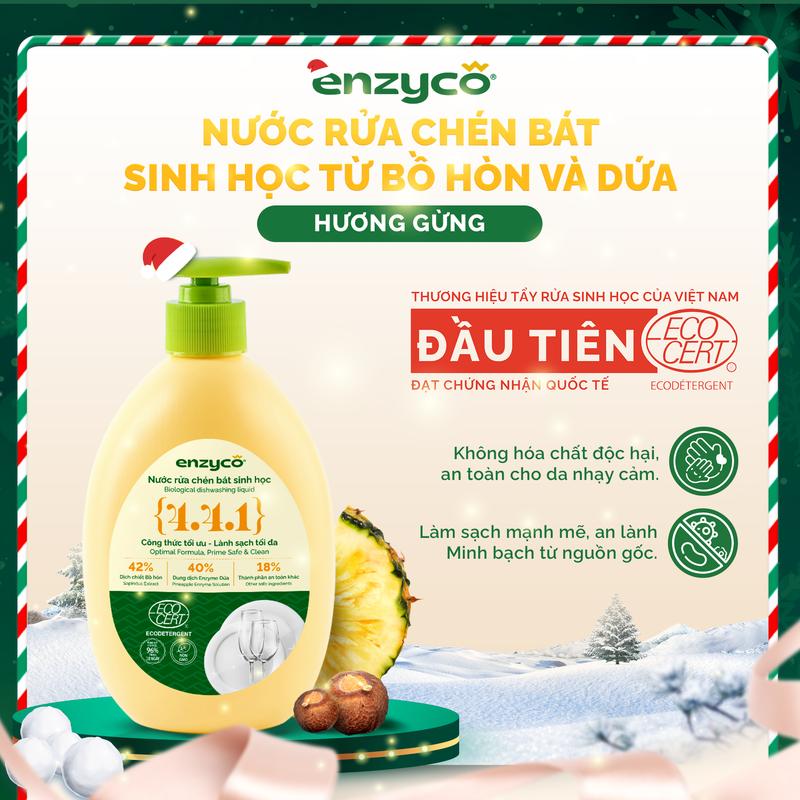  Combo 2 Nước rửa chén bát sinh học ENZYCO đạt Chứng nhận ECODETERGENT-ECOCERT từ Bồ Hòn và Dứa -  Khử mùi tanh sạch dầu mỡ an toàn cho da nhạy cảm - Hương thơm từ Tinh Dầu Gừng Tinh dầu Cam Tự Nhiên 465ml 