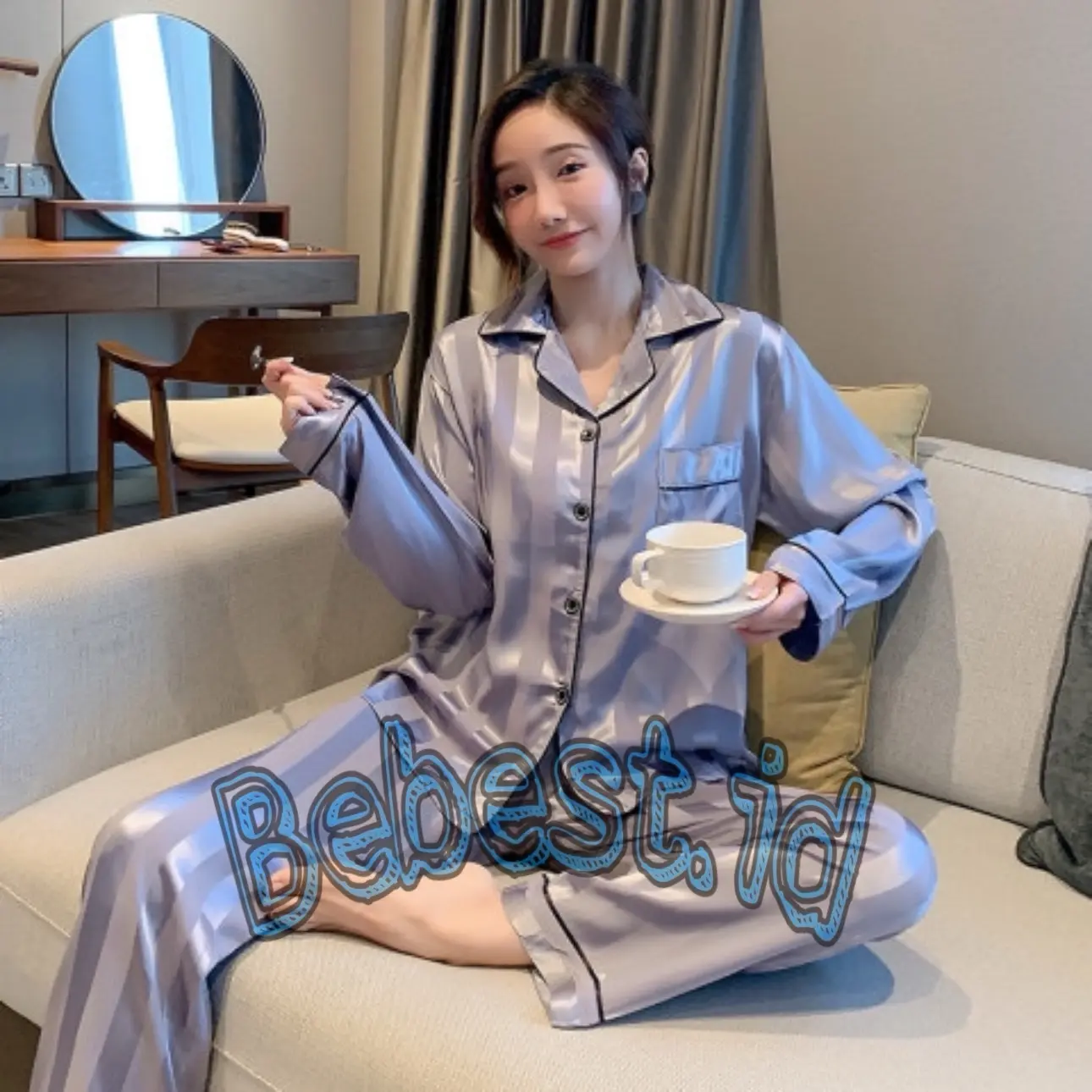 [SALUR PP] stelan piyama wanita salur lengan panjang saten Free penutup mata
