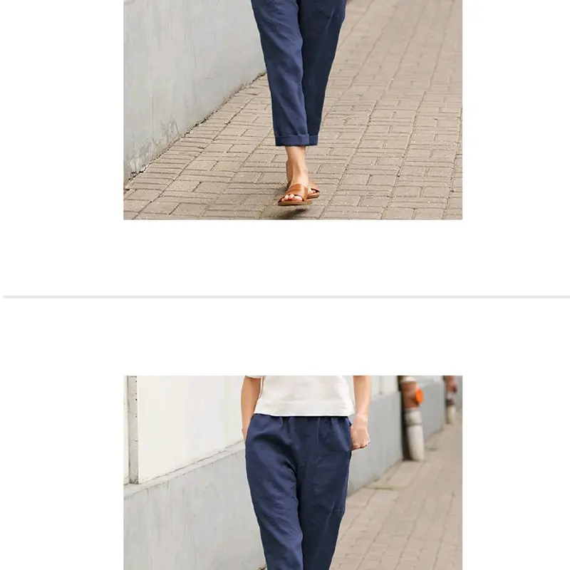 celana 7/8 santai bahan katun linen impor,pinggang karet celanakulot Coklat Kaki Coklat Kaki baju  harian Abu Putih Wanita Hitam Biru 0