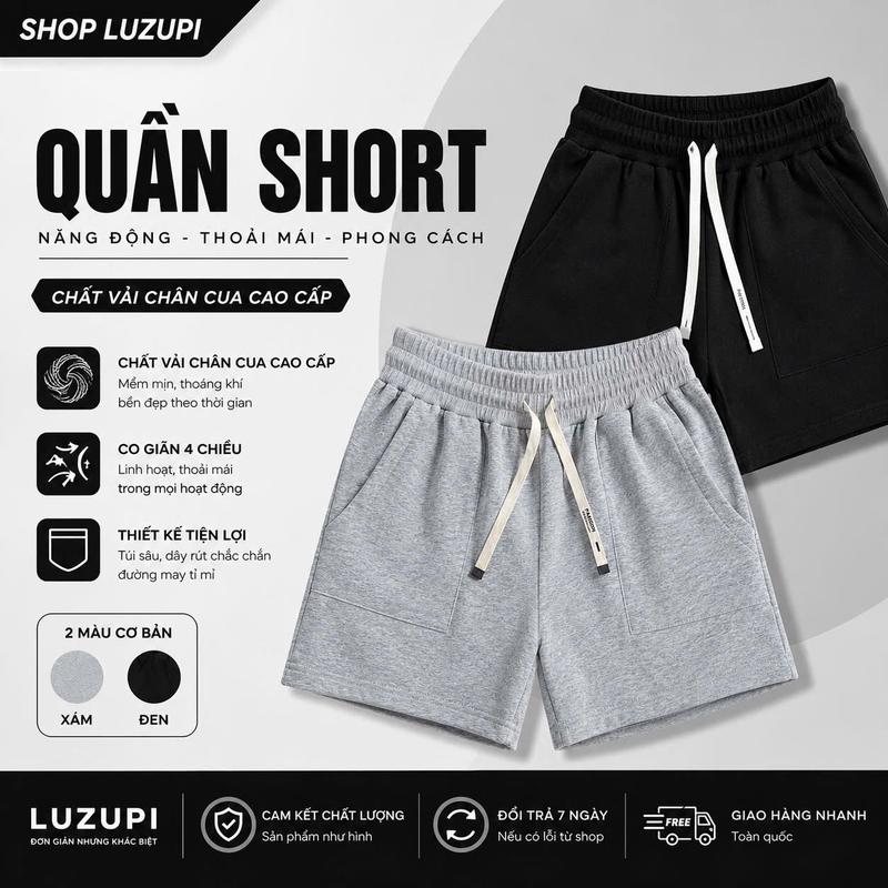 LuZuPi Quần Short Nam Chất  Vải Nỉ Chân Cua Cao Cấp Co Giãn Thoáng Mát Form Đẹp Có Túi Dây Rút Bền Đẹp Phù Hợp Nhiều Phong Cách Dễ Phối Đồ