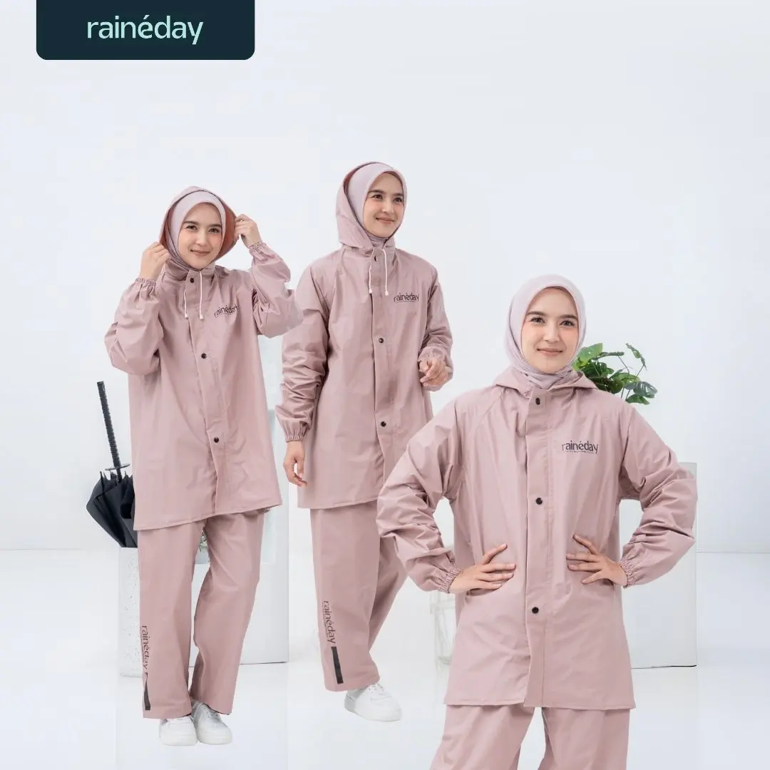 RAINEDAY Mantel Hujan Wanita Dewasa Dusty Pink Stylish Premium Anti Air Ringan dan Tahan Lama Full Seal Press Semua Jahitan