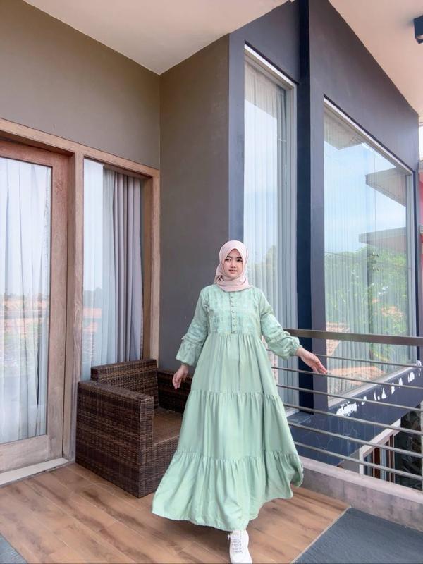 Gamis Slavina Bordir Busui Kancing Muslim Wanita Simple Elegant Mayung Twill Nyaman Rempel Cantik 2