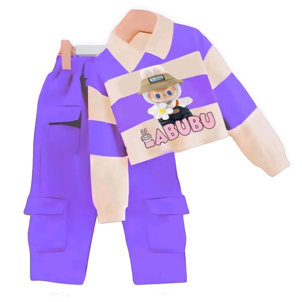 Setelan Labubu Anak Perempuan Bahan Katun Celana Kargo Fashion Baju - Tersedia untuk Usia 3-12 Tahun