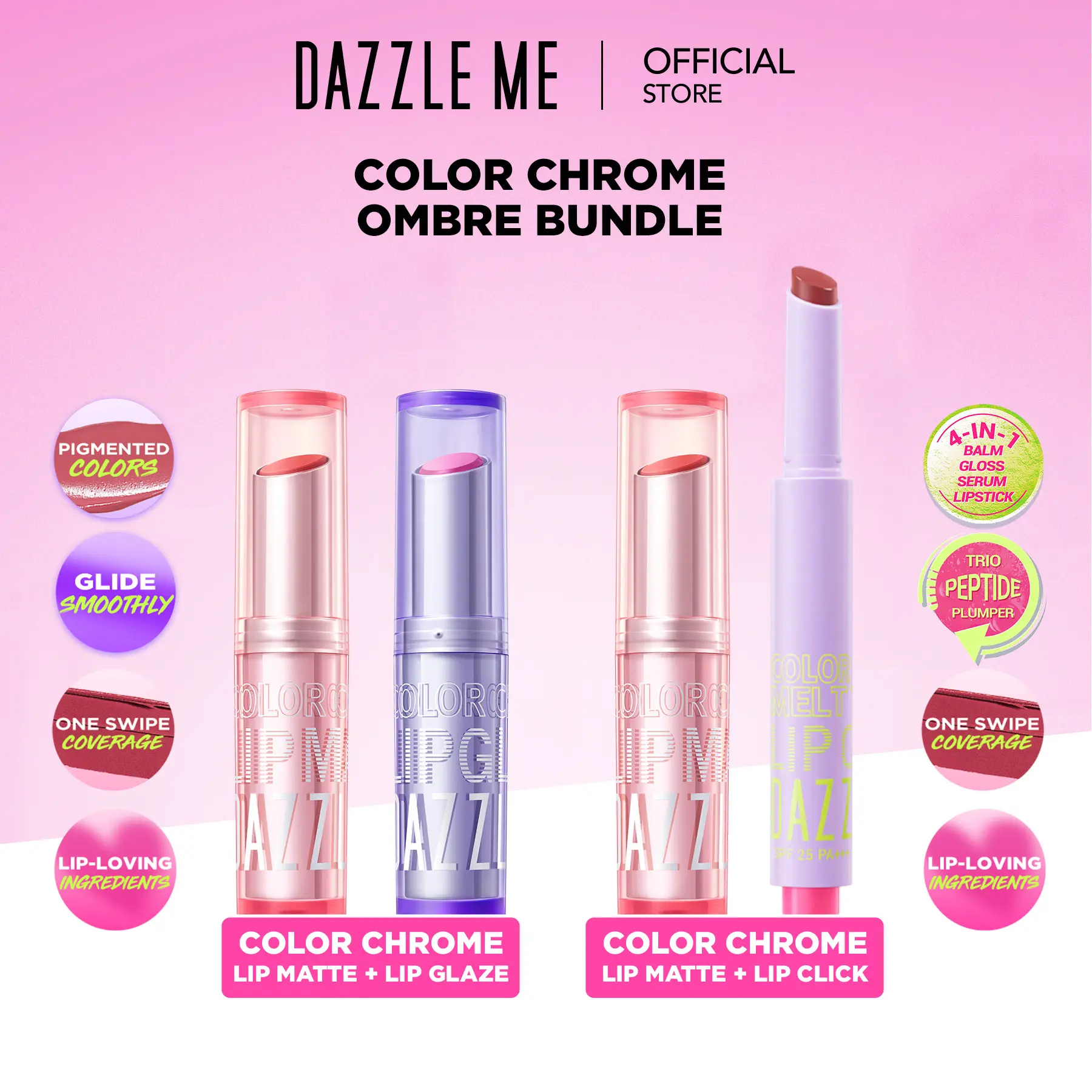 [LIP OMBRE 2PCS BUNDLE] DAZZLE ME Color Chrome Ombre Series Lipglaze Lip Matte Melt to Dew Lip Click Melembabkan Bibir Tinted Lip Balm