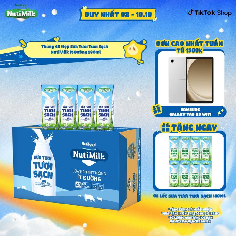 Thùng 48 Hộp Sữa Tươi Tươi Sạch NutiMilk Ít Đường 180ml