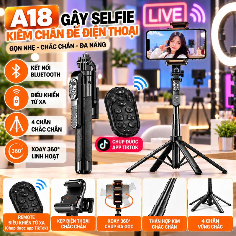 Gậy Tripod 4 Chân Cao Cấp A18 ,  Kèm Remote Quay App Tiktok , Cao 1m8 Xoay 360* 