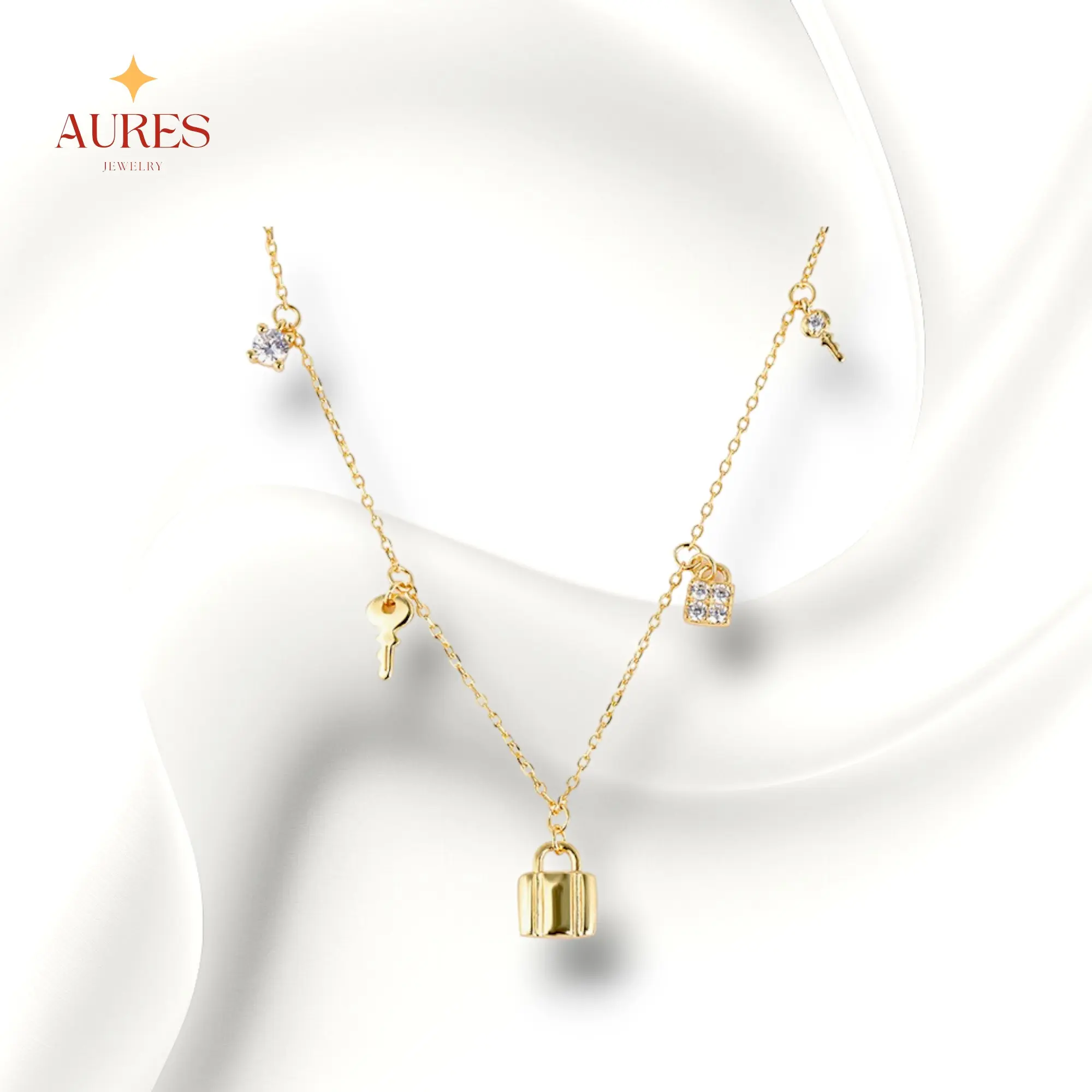 [AURES JEWELRY] Clavus Necklace - 925 Sterling Silver Gold Plated Lock Key Zircon Stone For Women