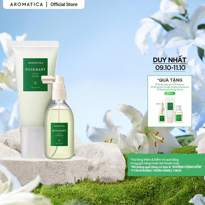 Combo Tẩy Tế Bào Chết Dành Cho Da Đầu Aromatica Rosemary Scalp Scrub 165g & Xịt Dưỡng Chân Tóc Hương Thảo Aromatica Rosemary Root Enhancer 100ml Chăm Sóc Tóc