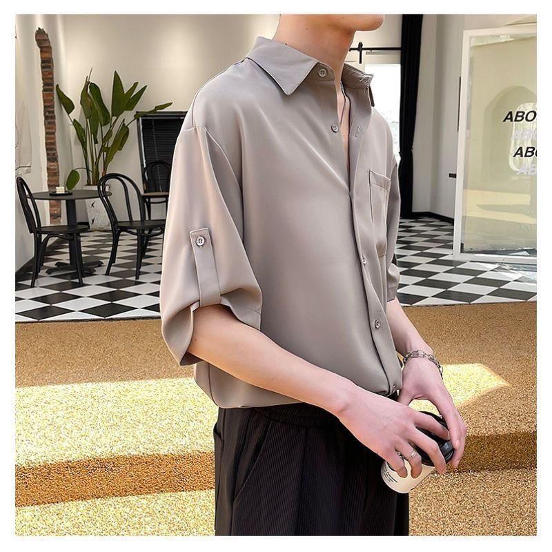Product Introduction of Summer Ice Silk Thin Shirt Men's Short Sleeve Korean Style Trendy Five-Quarter Sleeve Shirt Mature Style Cool Men's Top Closed 28