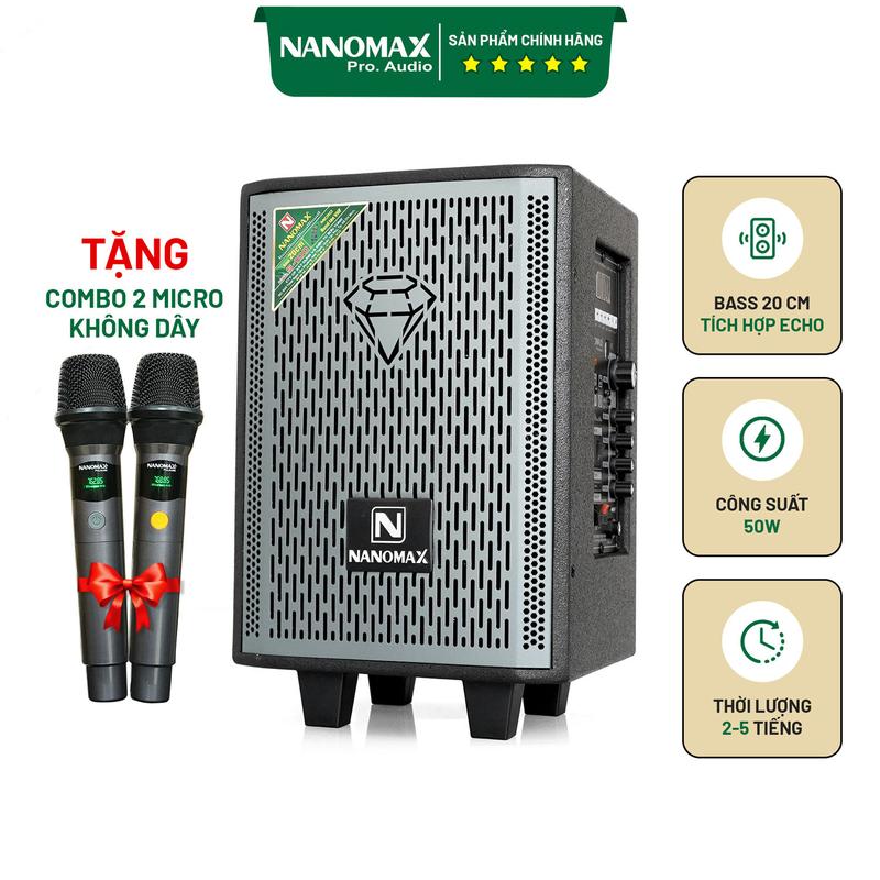 Loa Kéo Mini Nanomax S-100 Bass 20cm Công Suất 50w max Karaoke Bluetooth Có Đọc USB Thẻ Nhớ