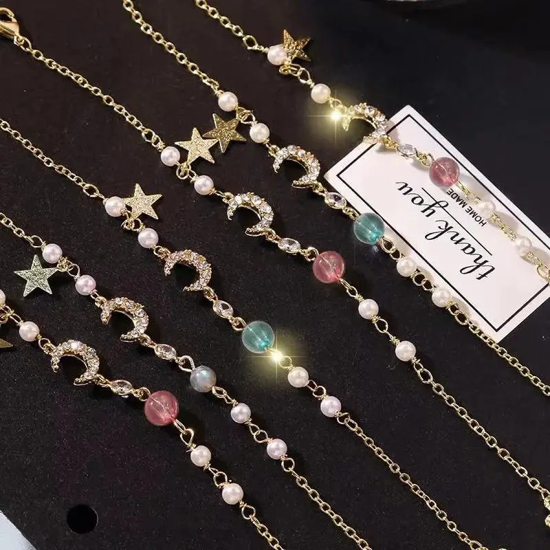 Pink Star Moon Bracelet For Women Girls Fashion Crystal Pearl Chain Bracelet Wholesale Designer Jewelry Party Gift