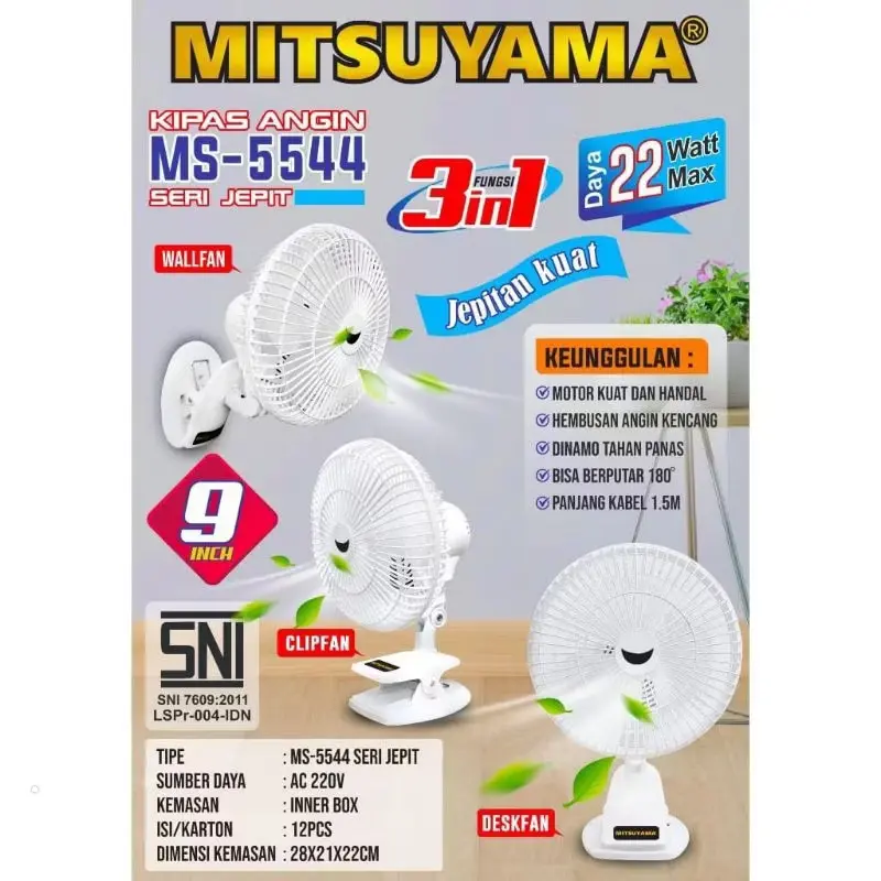 Kipas Angin 9 Inch 3 in 1 Kipas meja / Dinding / Jepit / Mitsuyama Ms-5544 Fan Murah Kabel Baling 4