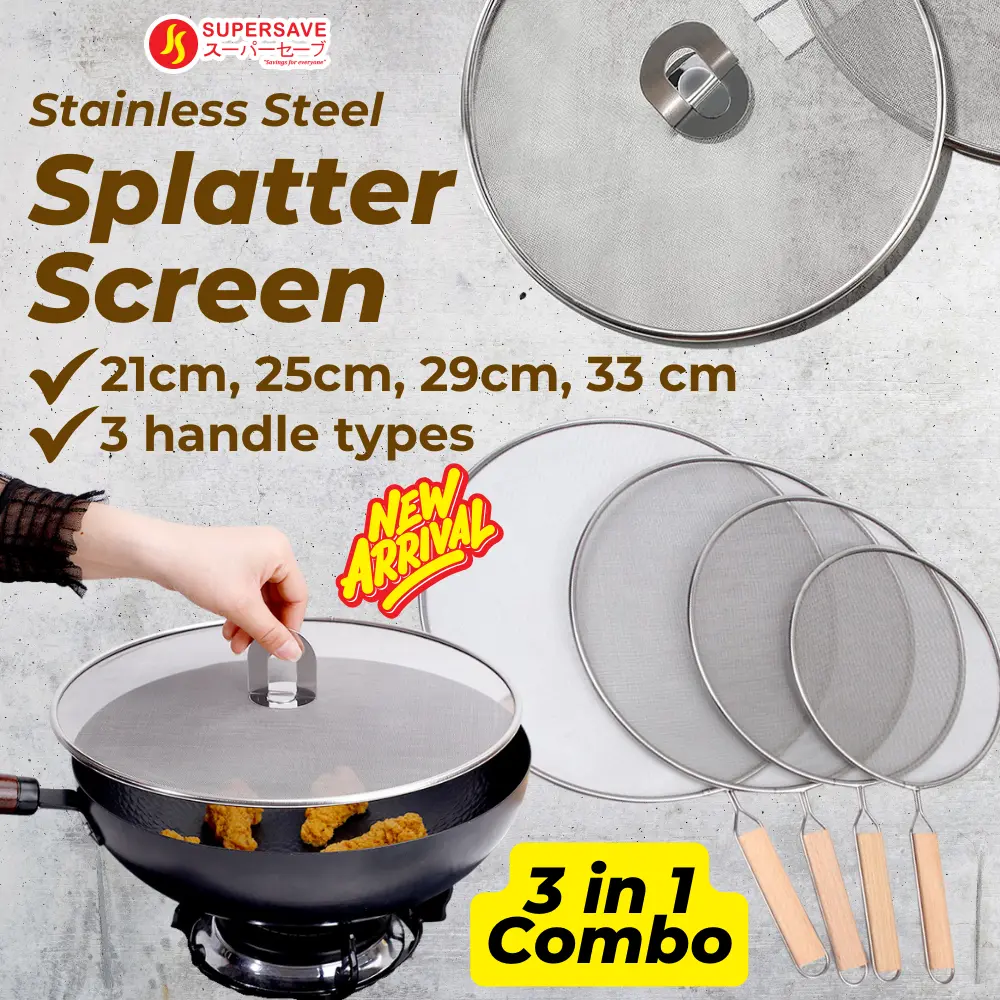 SUPERSAVE Kitchen Stainless Steel Splatter Screen With Handle and Lids Cover Frying Pan Covers Anti Oil Splash Guard Kitchenware