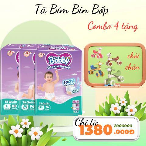 [TẶNG XE CHÒI]Combo 4 bịch Tã bỉm quần Bobby Ultra M96/L88/Xl76/Xxl70 cho bé từ 6 đến 20kg
