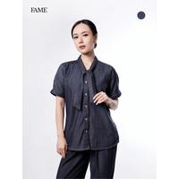 Gambar FAME | Studio Tie Blouse | Blouse Wanita Denim Look Pita Leher Smart Casual | 9221613 - Dark Denim, XL dari FAME Official Kota Surabaya 1 Tokopedia