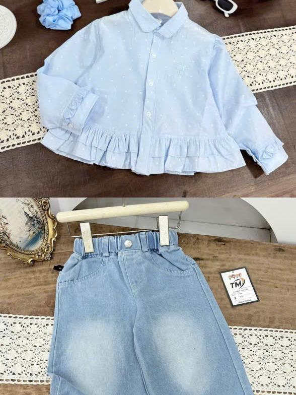 [Nini Kids]-Sét áo dài tay kèm quần Jean đính nơ mềm cho bé Gái đủ size 10-35kg ( Sét áo dài tay+quần đính nơ)