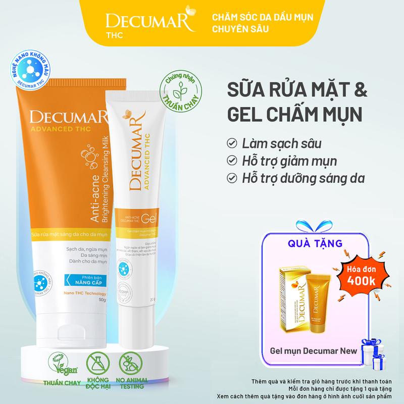 Bộ đôi hỗ trợ giảm mụn từ nghệ không màu Decumar THC (Gel hỗ trợ ngừa mụn 20g và sữa rửa mặt 50g) THC03, DSM02