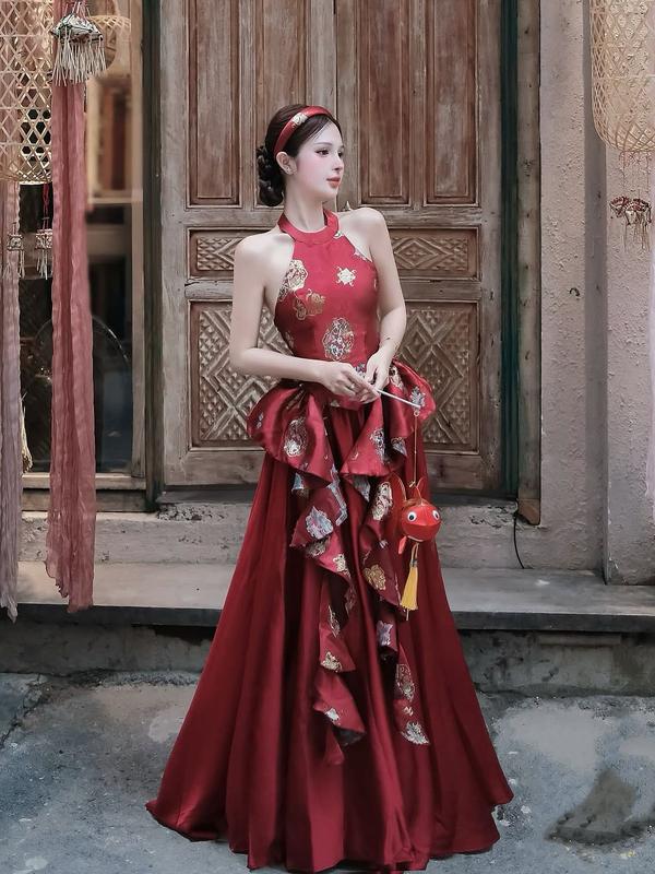  P301 - Set yếm gấm tua rua  họa tiết phối chân váy lụa Tết yếm đỏ trung thu tiểu thư sang chảnh 