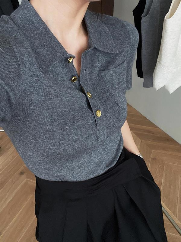 Áo Len Dệt Kim, Ngắn Tay, Màu Xám, Cổ Polo, Dành Cho Nữ, Áo Thời Trang