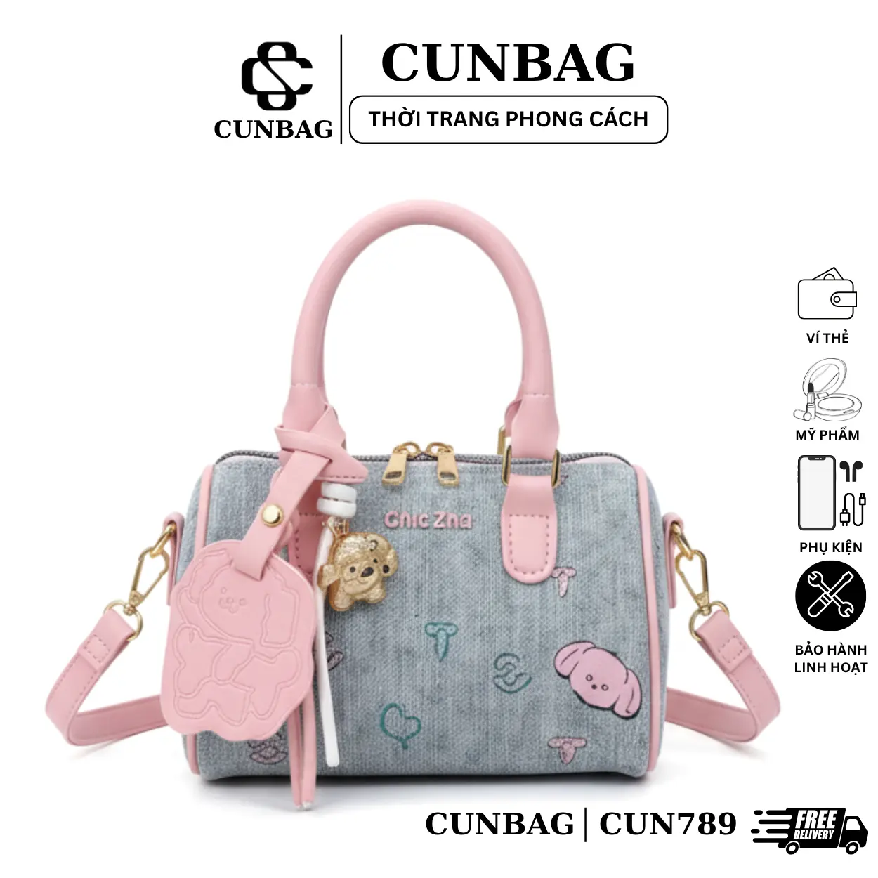 (Tặng Móc) Túi Xách Nữ Cunbag Dáng Trống Chio  Đeo Chéo Dễ Thương  CUN789