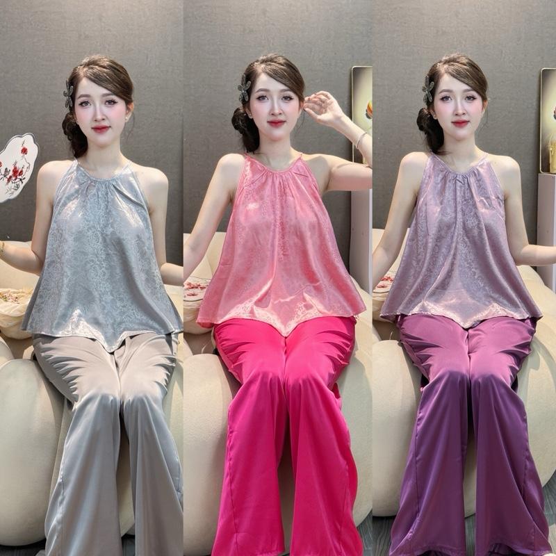 Yếm vạt nhọn L19 - LIN NHUNG STORE  lụa quần lụa satin trơn phối áo hoa nhiều màu Tay ngắn Trơn Có hoa Nữ Top AAADT100ST