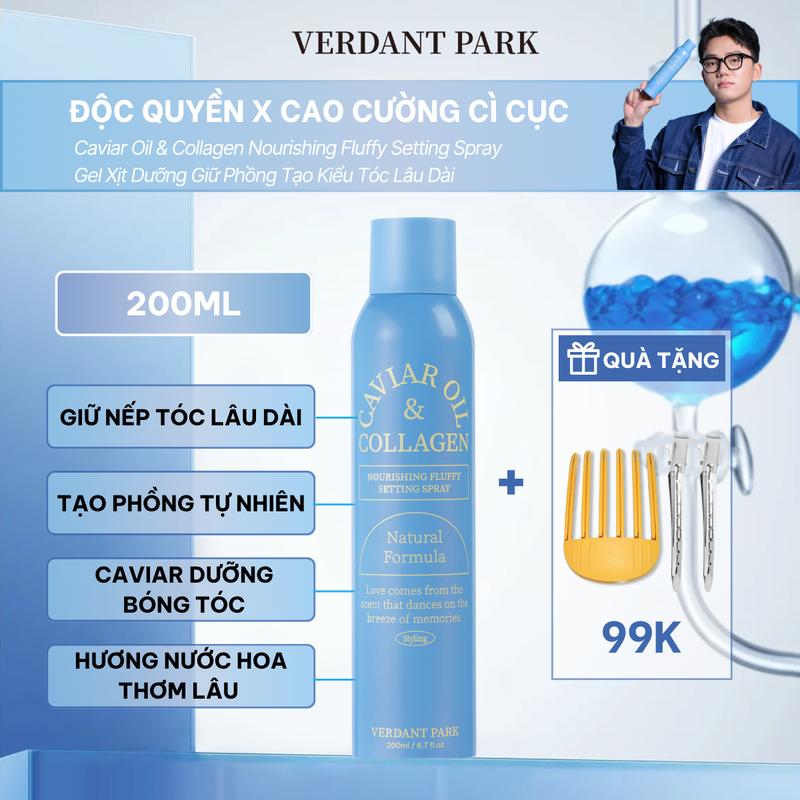 Xịt dưỡng giữ phồng tóc VERDANT PARK gel tạo kiểu tóc lâu bết giữ nếp tóc không gây cứng tóc Caviar Oil & Collagen Nourishing Fluffy Setting Spray Verdantpark VDPK22