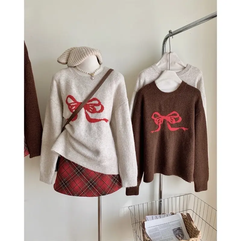 Libene Sweater Ribbon Knitwear Wanita Lengan Panjang 0