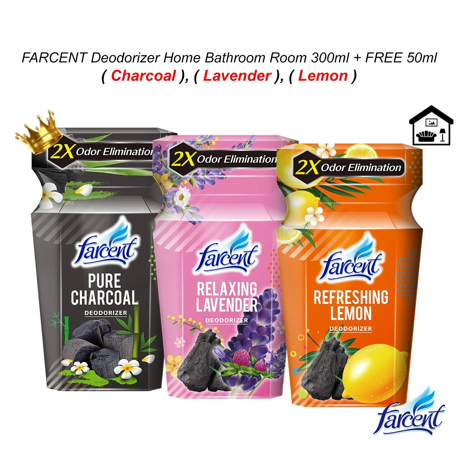 FARCENT Deodorizer Home Bathroom Room 350ml ( Charcoal, Lavender, Lemon )