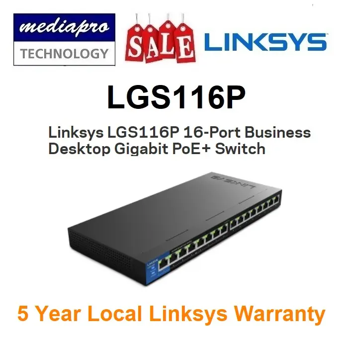 Linksys LGS116P 16-port Gigabit PoE Switch ( only 8-ports POE+ Max 80w Budget ) - 5 Year Local Linksys Warranty