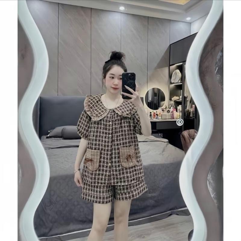   Bộ đùi   đũi vân mây kẻ ô tay cộc quần đùi cho nữ cổ bèo mix kèm 2 túi nơ xinh. mặc ở nhà mùa hè vừa nhẹ vừa mát. 