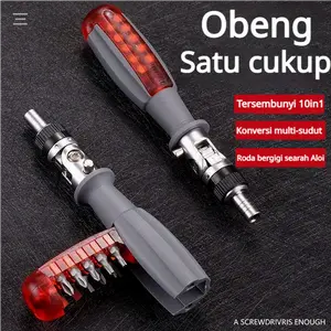 Obeng Ratchet Multi Sudut 180 Derajat Bolak Balik 10 in 1 Mata Obeng + Test Pen Detektor Listrik 2 Lampu Alat Teknik Serbaguna