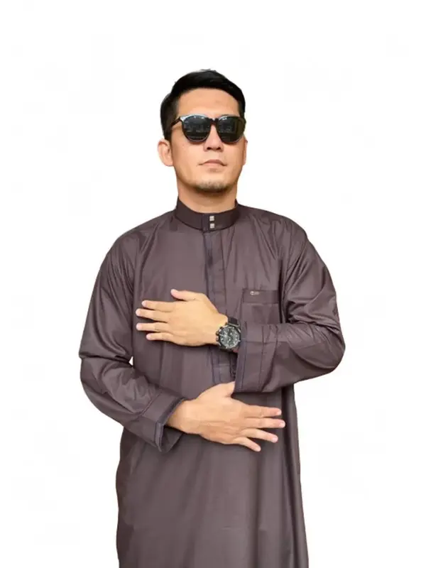 Jubah Gamis Reguler Pria Muslim Dewasa SOLLU 3 Lengan Cuff/Tanpa Kancing Bahan Katun Flat grey gamis  pria 2