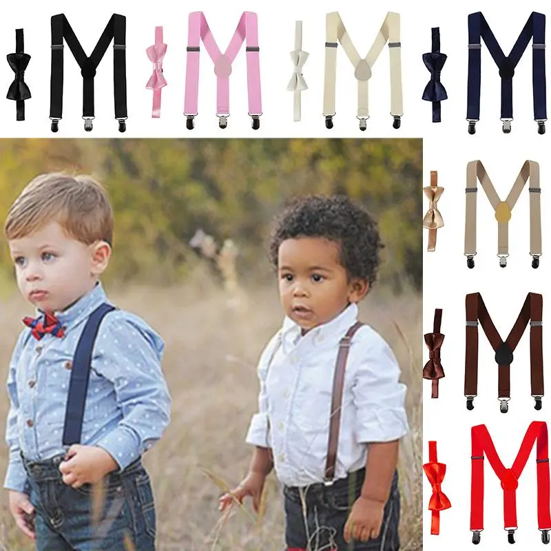 Kids Boys Girls Solid Color Clip-On Suspenders Elastic Adjustable Braces With Cute Bow Ties (For 2-10 Years Old Kids)