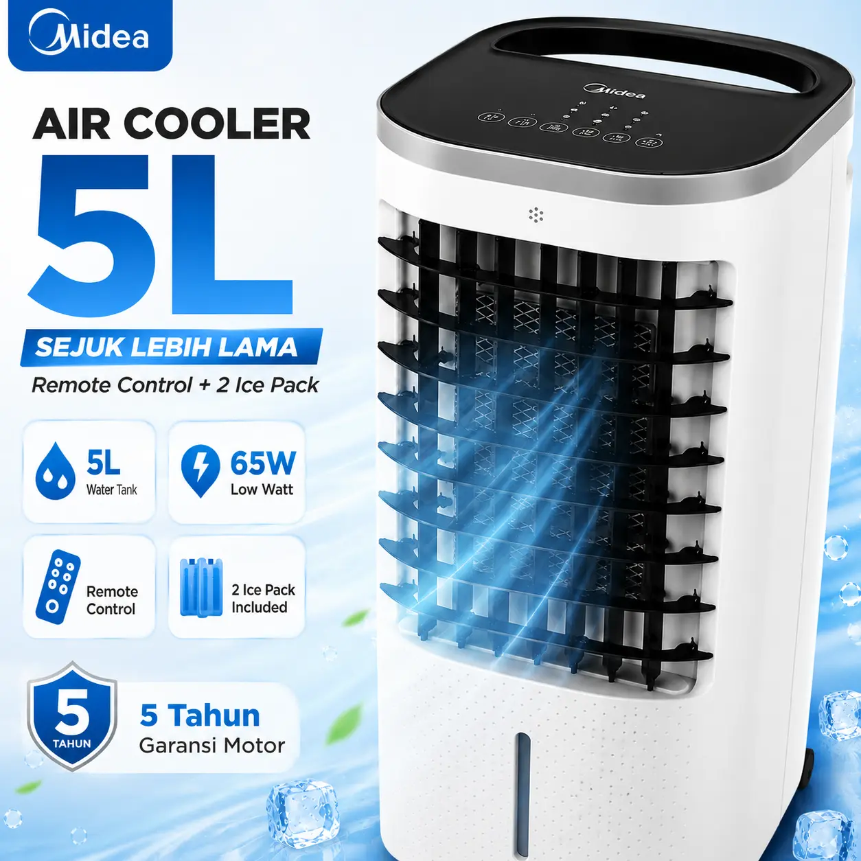 Midea | Air cooler 5 Liter Remote Control | Air Cooler 3 in-1 Multifungtion Ionizer | AC100-25BR
