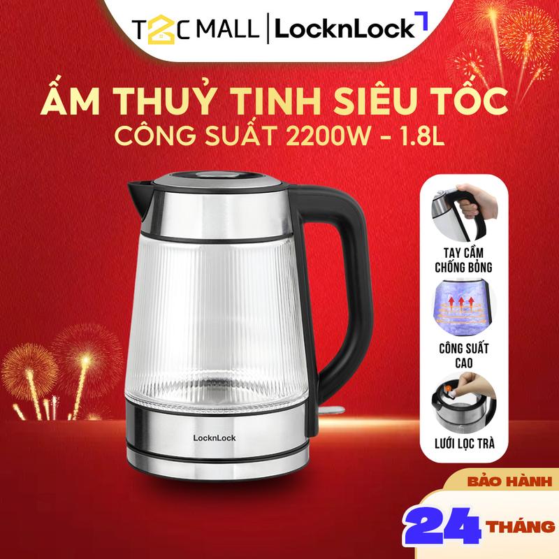 Âm Đun Siêu Tốc Thủy Tinh LocknLock Thép Không Gỉ Có Lưới Lọc Và Đèn Led 1.8L EJK256BLK T2C Mall